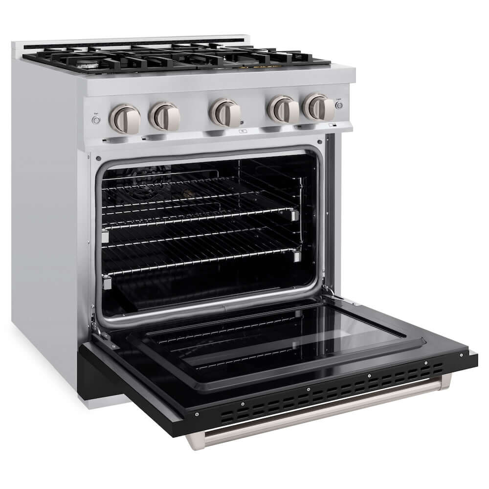 ZLINE 30 in. 4.2 cu. ft. Classic Gas Range with 4 Burner Cooktop and Convection Gas Oven in Stainless Steel with Black Matte Door (CGR-BLM-30) side, open.