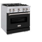 ZLINE 30 in. 4.2 cu. ft. Classic Gas Range with 4 Burner Cooktop and Convection Gas Oven in Stainless Steel with Black Matte Door (CGR-BLM-30) side, oven closed.