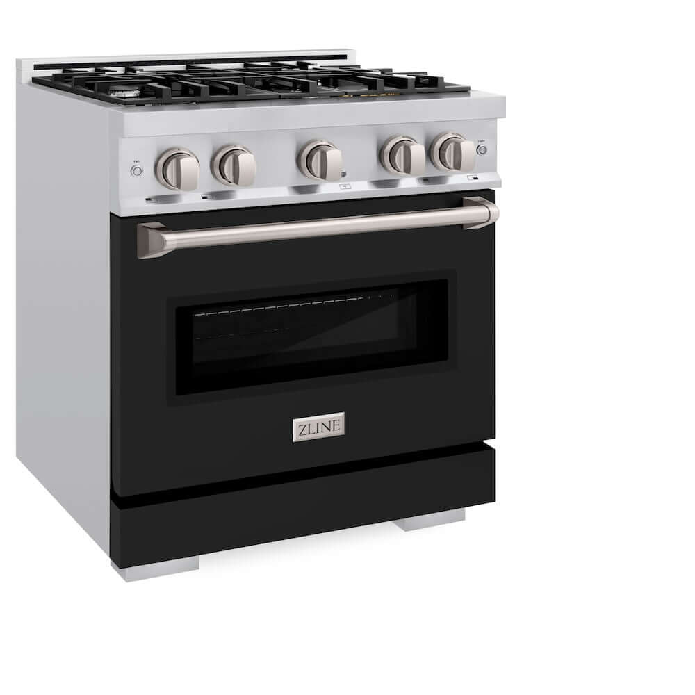 ZLINE 30 in. 4.2 cu. ft. Classic Gas Range with 4 Burner Cooktop and Convection Gas Oven in Stainless Steel with Black Matte Door (CGR-BLM-30) side, oven closed.