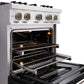 ZLINE 30 in. 4.2 cu. ft. Classic Gas Range with 4 Burner Cooktop and Convection Gas Oven in Stainless Steel with Black Matte Door (CGR-BLM-30) close-up, oven open with racks extended.