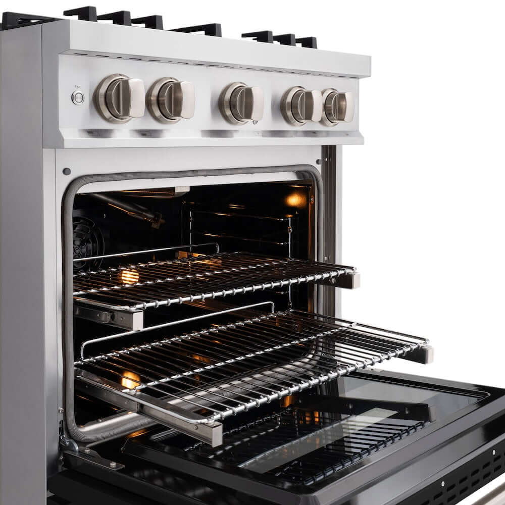 ZLINE 30 in. 4.2 cu. ft. Classic Gas Range with 4 Burner Cooktop and Convection Gas Oven in Stainless Steel with Black Matte Door (CGR-BLM-30) close-up, oven open with racks extended.
