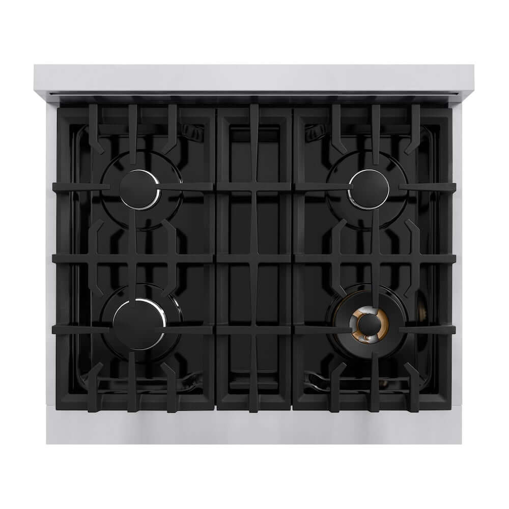 ZLINE 30 in. 4.2 cu. ft. Classic Gas Range with 4 Burner Cooktop and Convection Gas Oven in Stainless Steel with Black Matte Door (CGR-BLM-30) top-down, above cooktop.