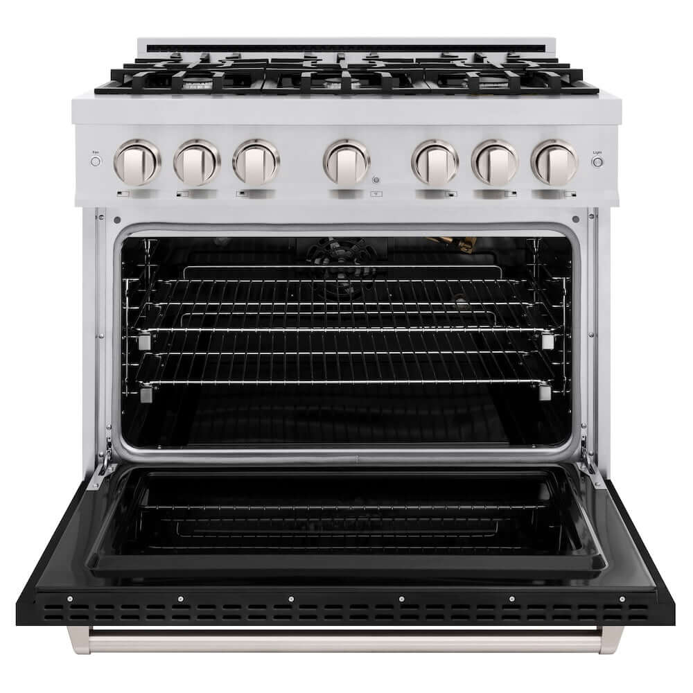 ZLINE 36 in. 5.2 cu. ft. Classic Gas Range with 6 Burner Cooktop and Convection Gas Oven in Stainless Steel with Black Matte Door (CGR-BLM-36) front, oven open.