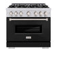 ZLINE 36 in. 5.2 cu. ft. Classic Gas Range with 6 Burner Cooktop and Convection Gas Oven in Stainless Steel with Black Matte Door (CGR-BLM-36) front, oven closed.