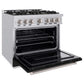 ZLINE 36 in. 5.2 cu. ft. Classic Gas Range with 6 Burner Cooktop and Convection Gas Oven in Stainless Steel with Black Matte Door (CGR-BLM-36) side, open.