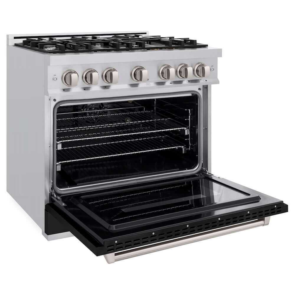 ZLINE 36 in. 5.2 cu. ft. Classic Gas Range with 6 Burner Cooktop and Convection Gas Oven in Stainless Steel with Black Matte Door (CGR-BLM-36) side, open.