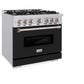 ZLINE 36 in. 5.2 cu. ft. Classic Gas Range with 6 Burner Cooktop and Convection Gas Oven in Stainless Steel with Black Matte Door (CGR-BLM-36) side, oven closed.