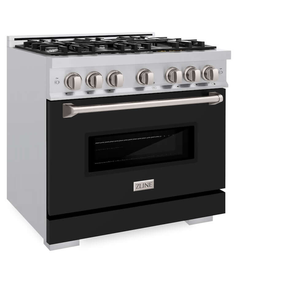 ZLINE 36 in. 5.2 cu. ft. Classic Gas Range with 6 Burner Cooktop and Convection Gas Oven in Stainless Steel with Black Matte Door (CGR-BLM-36) side, oven closed.