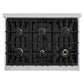 ZLINE 36 in. 5.2 cu. ft. Classic Gas Range with 6 Burner Cooktop and Convection Gas Oven in Stainless Steel with Black Matte Door (CGR-BLM-36) top-down, above cooktop.