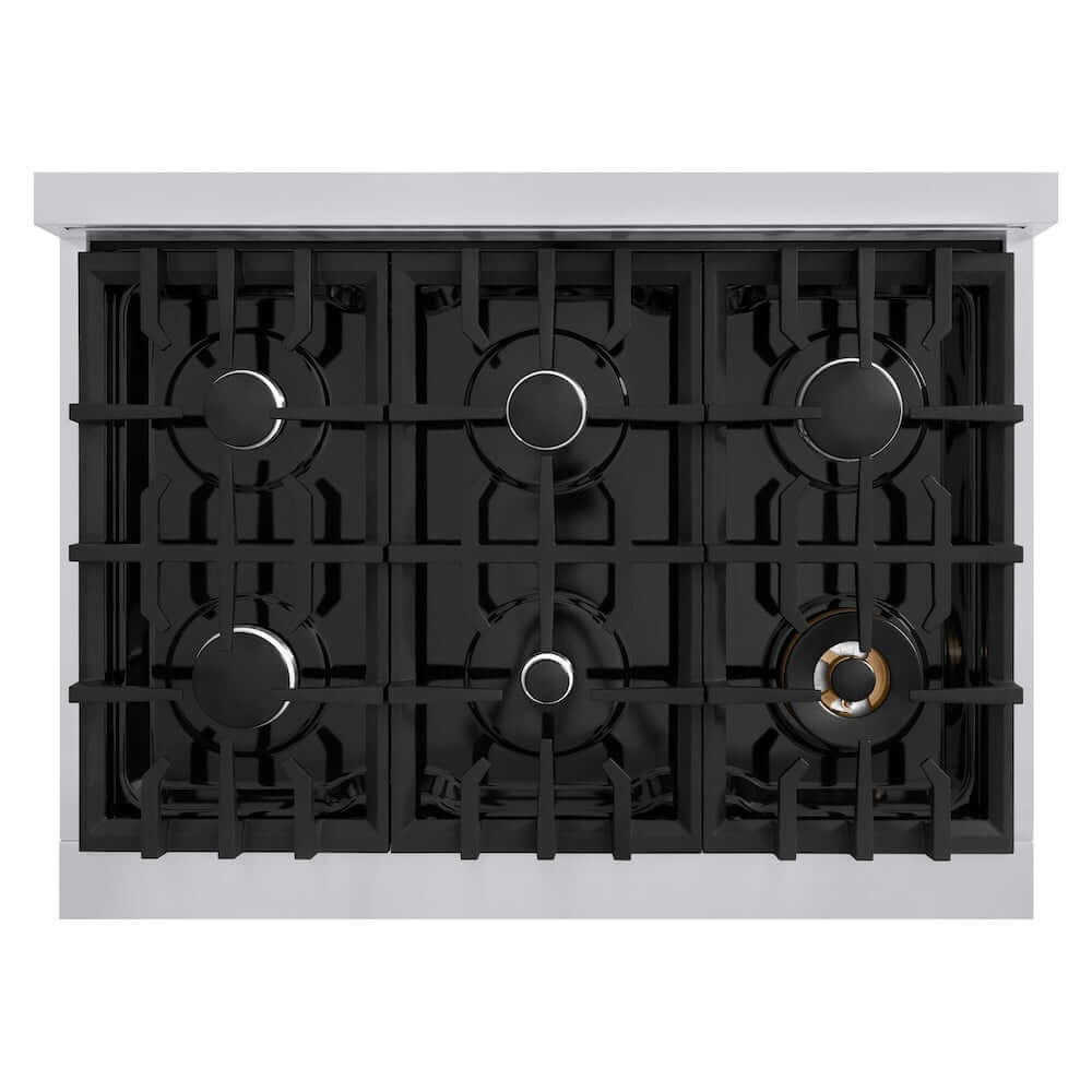 ZLINE 36 in. 5.2 cu. ft. Classic Gas Range with 6 Burner Cooktop and Convection Gas Oven in Stainless Steel with Black Matte Door (CGR-BLM-36) top-down, above cooktop.