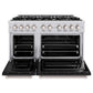 ZLINE 48 in. 6.7 cu. ft. Classic Double Oven Gas Range with 8 Burner Cooktop in Stainless Steel with Black Matte Doors (CGR-BLM-48) front, oven open.