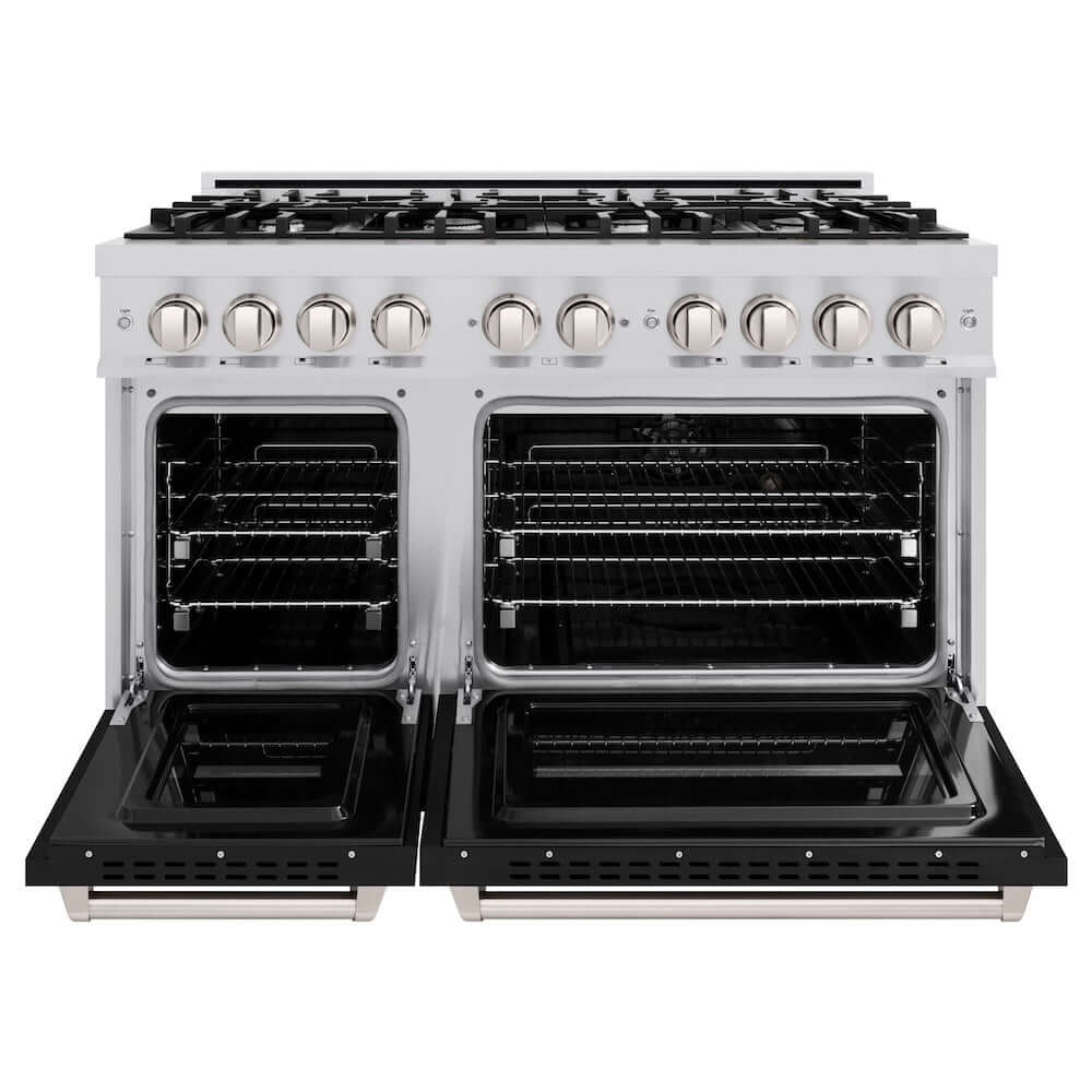 ZLINE 48 in. 6.7 cu. ft. Classic Double Oven Gas Range with 8 Burner Cooktop in Stainless Steel with Black Matte Doors (CGR-BLM-48) front, oven open.