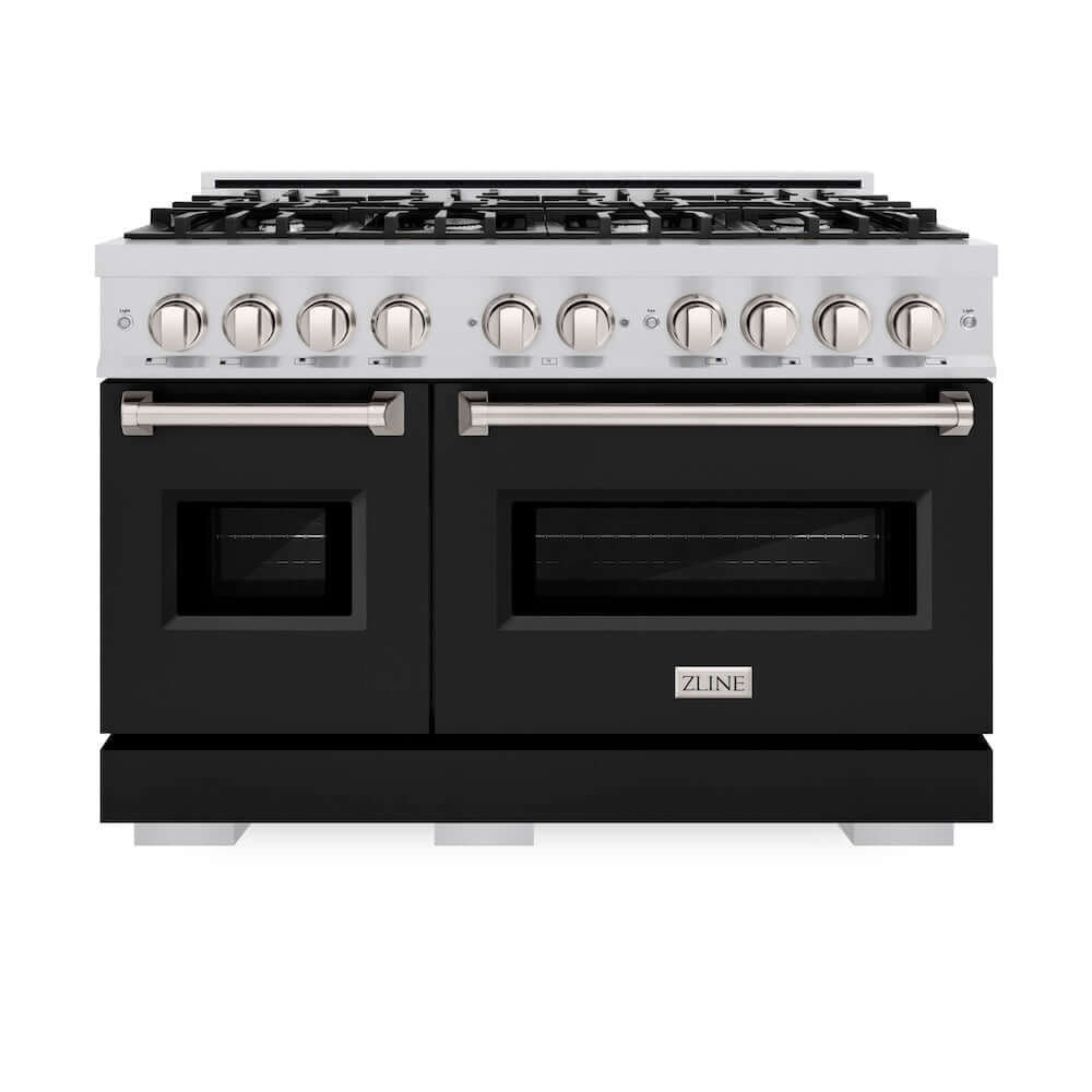 ZLINE 48 in. 6.7 cu. ft. Classic Double Oven Gas Range with 8 Burner Cooktop in Stainless Steel with Black Matte Doors (CGR-BLM-48) front, oven closed.