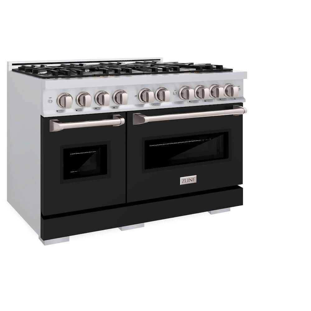 ZLINE 48 in. 6.7 cu. ft. Classic Double Oven Gas Range with 8 Burner Cooktop in Stainless Steel with Black Matte Doors (CGR-BLM-48) side, oven closed.