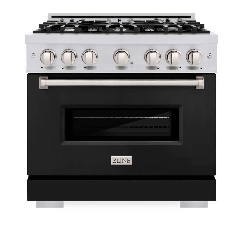ZLINE 36 in. 5.2 cu. ft. Classic Dual Fuel Range with 6 Burner Gas Cooktop and Electric Convection Oven in Stainless Steel with Black Matte Door (CDR-BLM-36) front, oven closed.