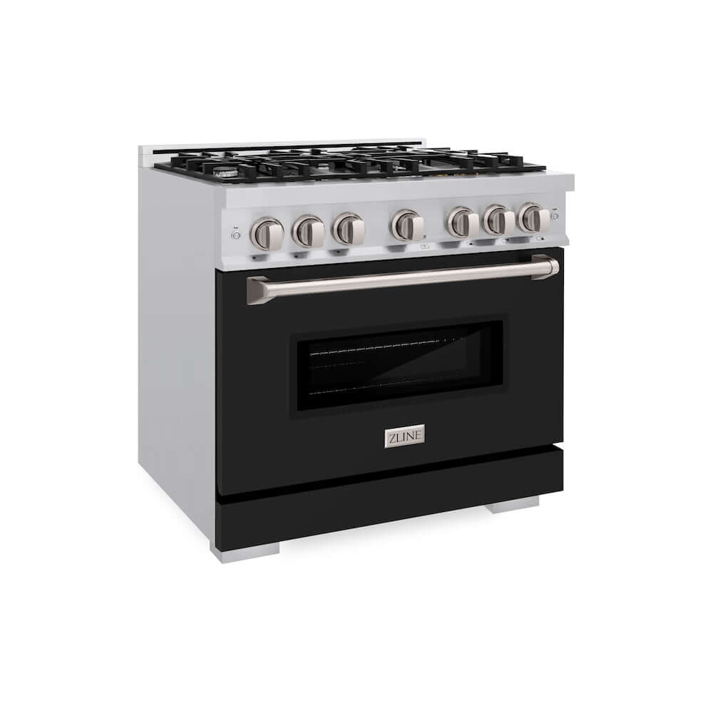 ZLINE 36 in. 5.2 cu. ft. Classic Dual Fuel Range with 6 Burner Gas Cooktop and Electric Convection Oven in Stainless Steel with Black Matte Door (CDR-BLM-36) main image.