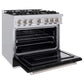 ZLINE 36 in. 5.2 cu. ft. Classic Dual Fuel Range with 6 Burner Gas Cooktop and Electric Convection Oven in Stainless Steel with Black Matte Door (CDR-BLM-36) side, open.