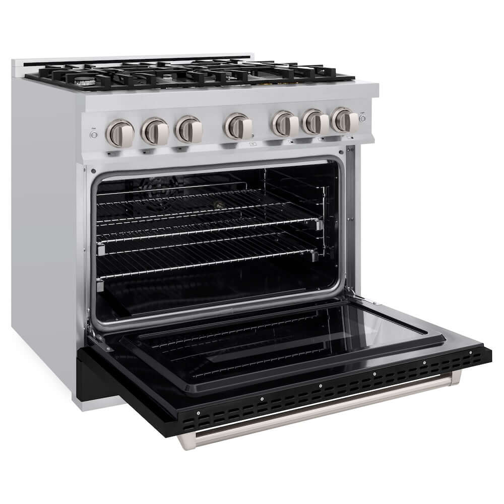 ZLINE 36 in. 5.2 cu. ft. Classic Dual Fuel Range with 6 Burner Gas Cooktop and Electric Convection Oven in Stainless Steel with Black Matte Door (CDR-BLM-36) side, open.