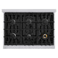 ZLINE 36 in. 5.2 cu. ft. Classic Dual Fuel Range with 6 Burner Gas Cooktop and Electric Convection Oven in Stainless Steel with Black Matte Door (CDR-BLM-36) top-down, above cooktop.