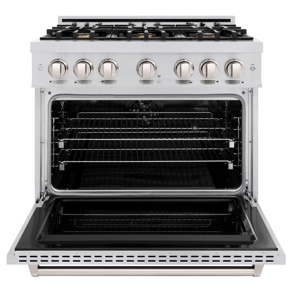 ZLINE 36 in. 5.2 cu. ft. Classic Dual Fuel Range with Gas Cooktop and Electric Convection Oven in Stainless Steel with 6 Brass Burners (CDR-BR-36) front, oven open.