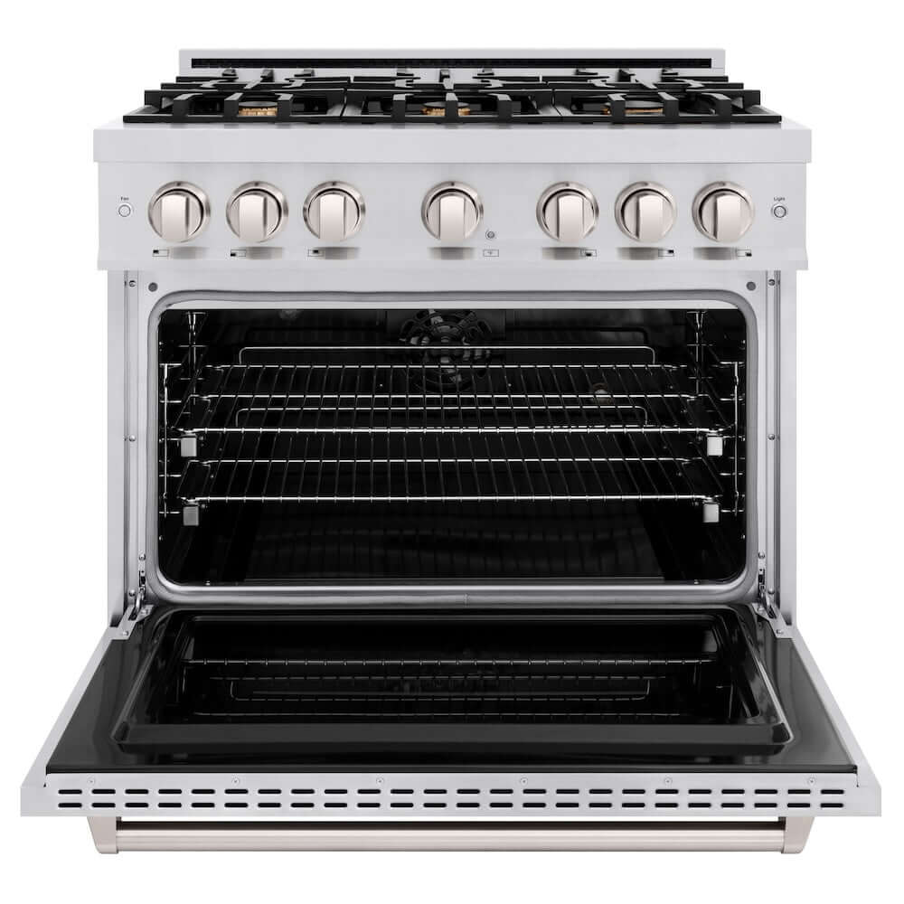 ZLINE 36 in. 5.2 cu. ft. Classic Dual Fuel Range with Gas Cooktop and Electric Convection Oven in Stainless Steel with 6 Brass Burners (CDR-BR-36) front, oven open.
