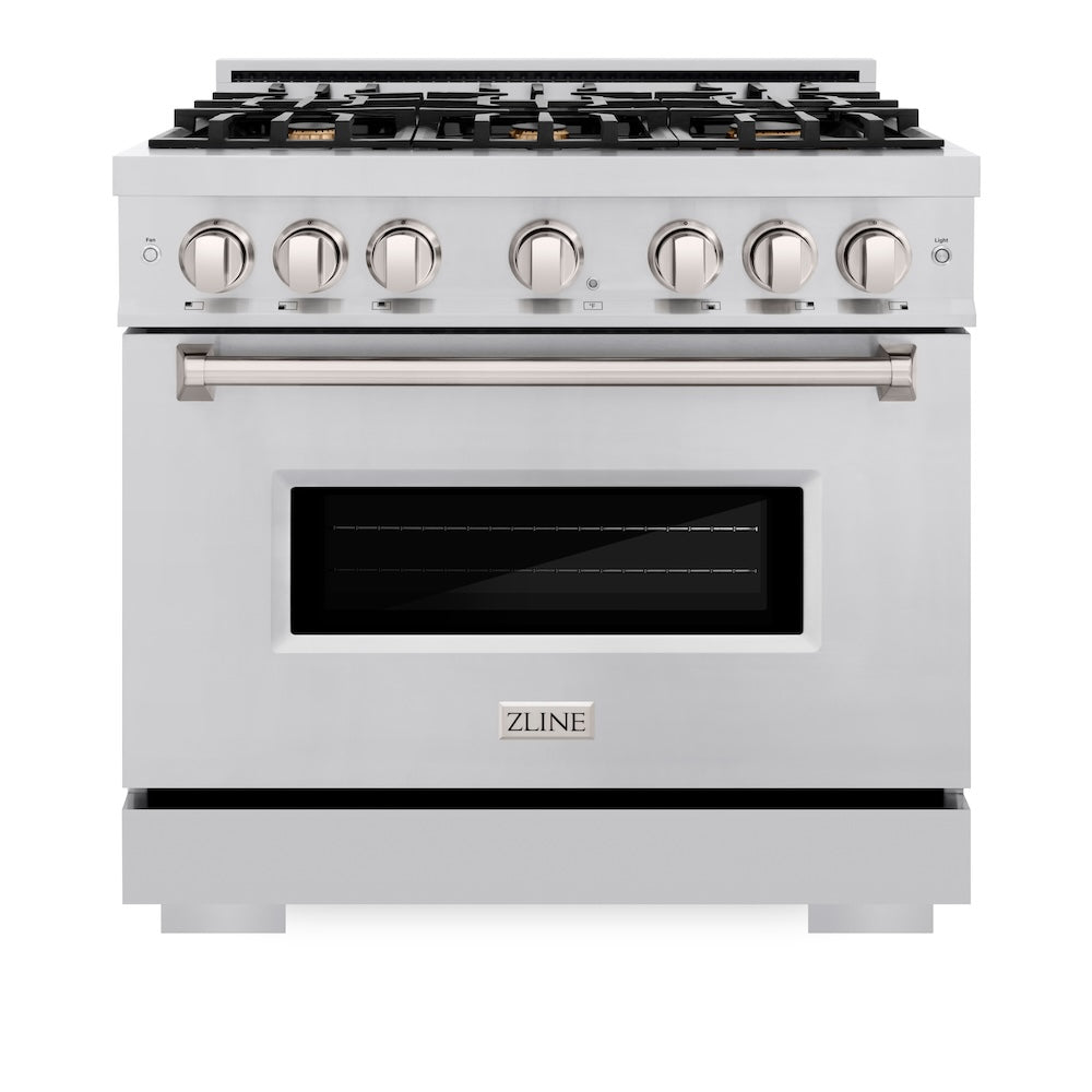 ZLINE 36 in. 5.2 cu. ft. Classic Dual Fuel Range with Gas Cooktop and Electric Convection Oven in Stainless Steel with 6 Brass Burners (CDR-BR-36) front, oven closed.