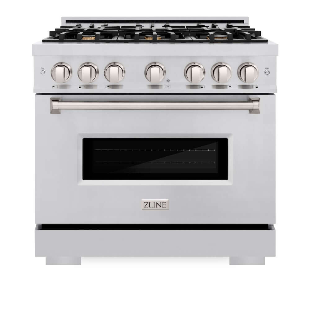 ZLINE 36 in. 5.2 cu. ft. Classic Dual Fuel Range with Gas Cooktop and Electric Convection Oven in Stainless Steel with 6 Brass Burners (CDR-BR-36) front, oven closed.