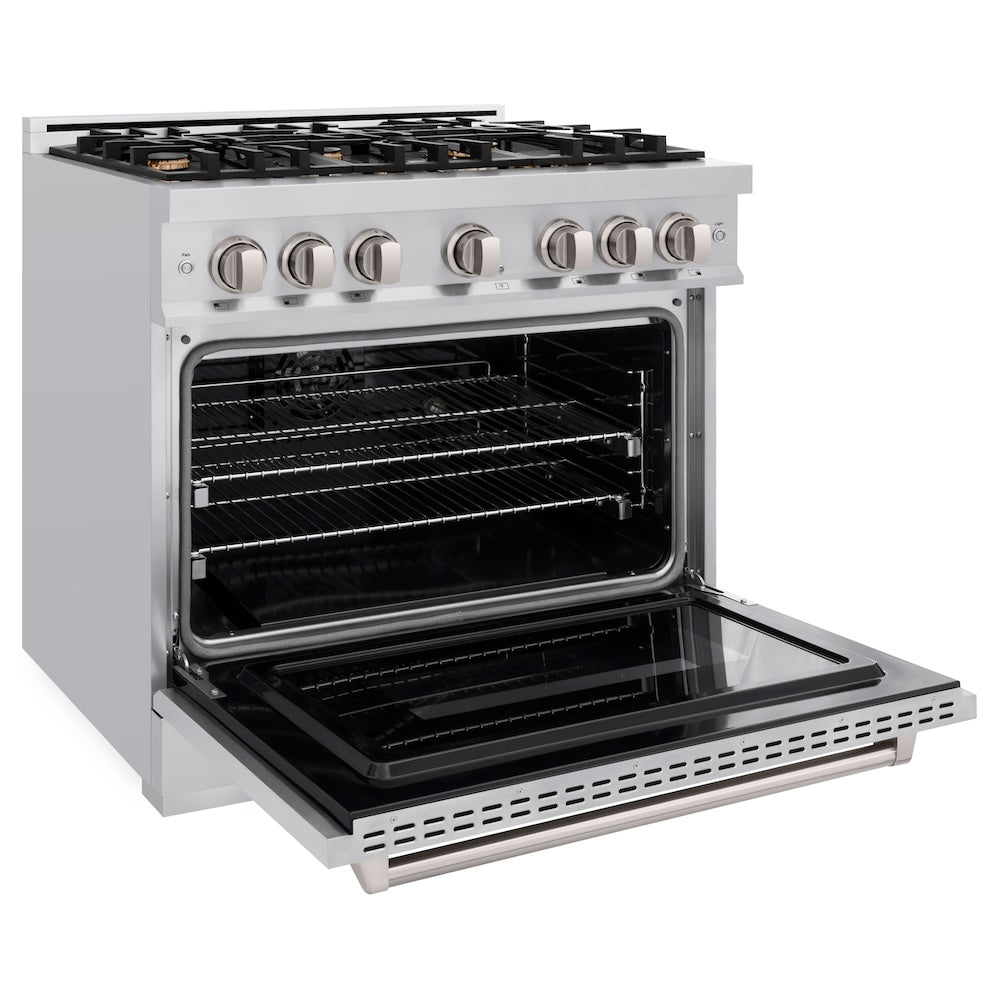 ZLINE 36 in. 5.2 cu. ft. Classic Dual Fuel Range with Gas Cooktop and Electric Convection Oven in Stainless Steel with 6 Brass Burners (CDR-BR-36) side, oven open.