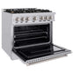 ZLINE 36 in. 5.2 cu. ft. Classic Dual Fuel Range with Gas Cooktop and Electric Convection Oven in Stainless Steel with 6 Brass Burners (CDR-BR-36) side, open.