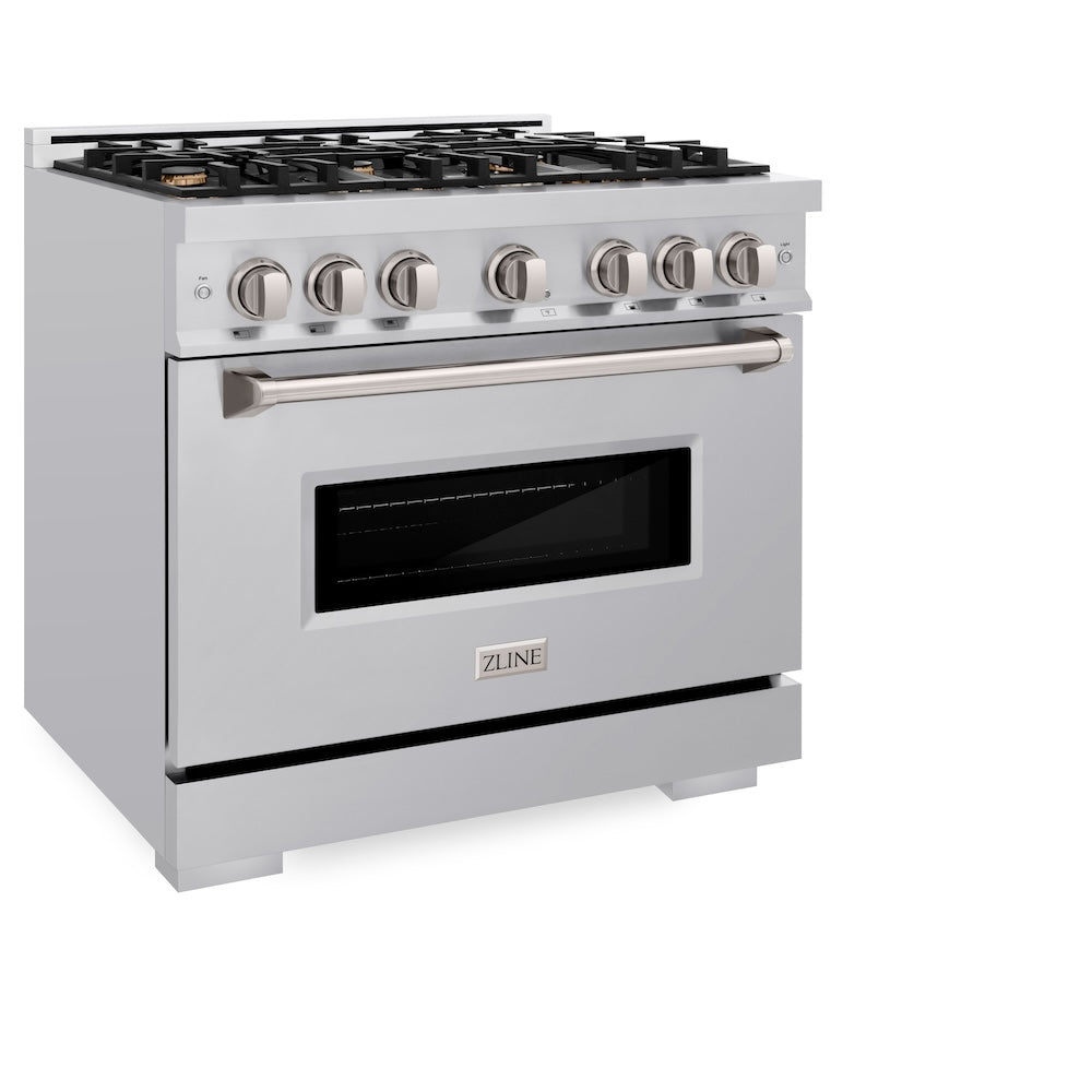 ZLINE 36 in. 5.2 cu. ft. Classic Dual Fuel Range with Gas Cooktop and Electric Convection Oven in Stainless Steel with 6 Brass Burners (CDR-BR-36) side, oven closed.