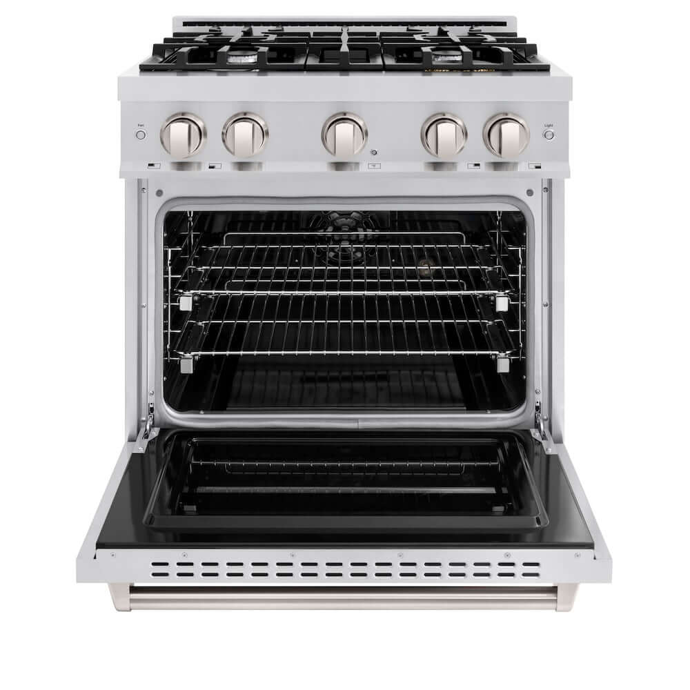 ZLINE 30 in. 4.2 cu. ft. Classic Dual Fuel Range with 4 Burner Gas Cooktop and Electric Convection Oven in Stainless Steel (CDR30) front, oven open.