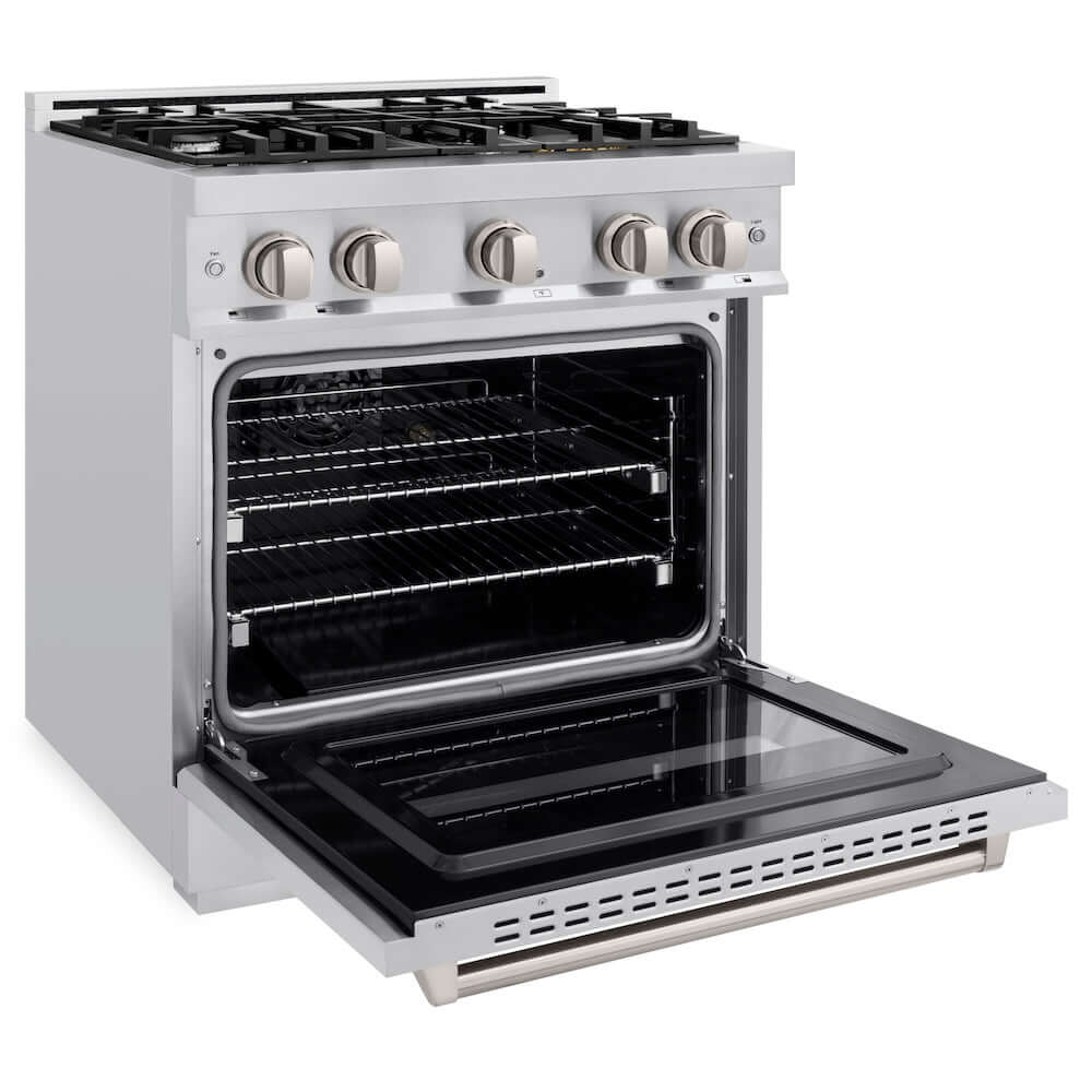 ZLINE 30 in. 4.2 cu. ft. Classic Dual Fuel Range with 4 Burner Gas Cooktop and Electric Convection Oven in Stainless Steel (CDR30) side, open.