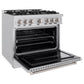 ZLINE 36 in. 5.2 cu. ft. Classic Dual Fuel Range with 6 Burner Gas Cooktop and Electric Convection Oven in Stainless Steel (CDR36) side, open.