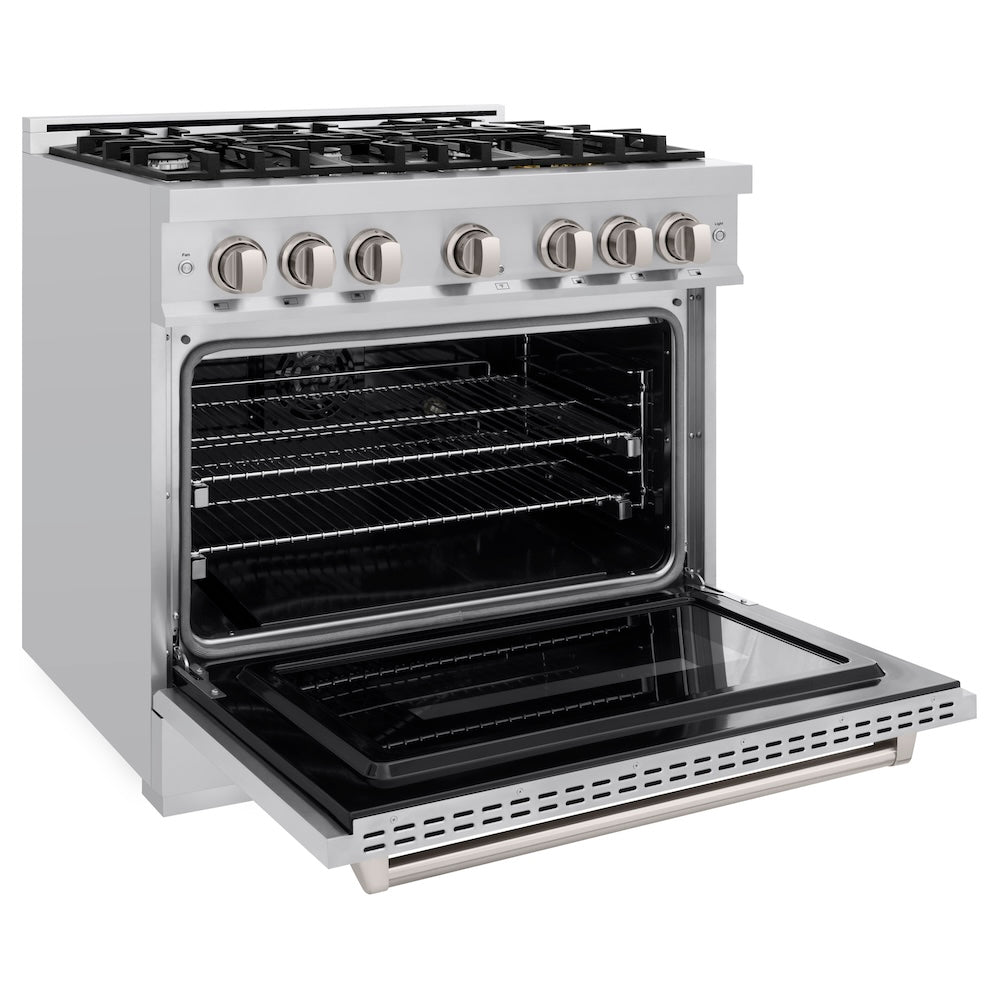 ZLINE 36 in. 5.2 cu. ft. Classic Dual Fuel Range with 6 Burner Gas Cooktop and Electric Convection Oven in Stainless Steel (CDR36) side, open.