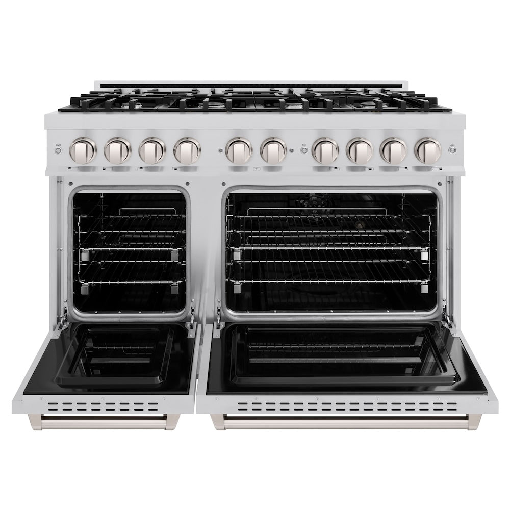 ZLINE 48 in. 6.7 cu. ft. Classic Double Oven Dual Fuel Range with 8 Burner Gas Cooktop in Stainless Steel (CDR48) front, oven open.