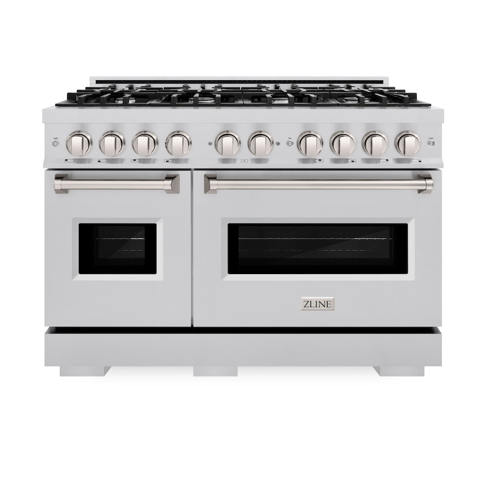 ZLINE 48 in. 6.7 cu. ft. Classic Double Oven Dual Fuel Range with 8 Burner Gas Cooktop in Stainless Steel (CDR48) front, oven closed.