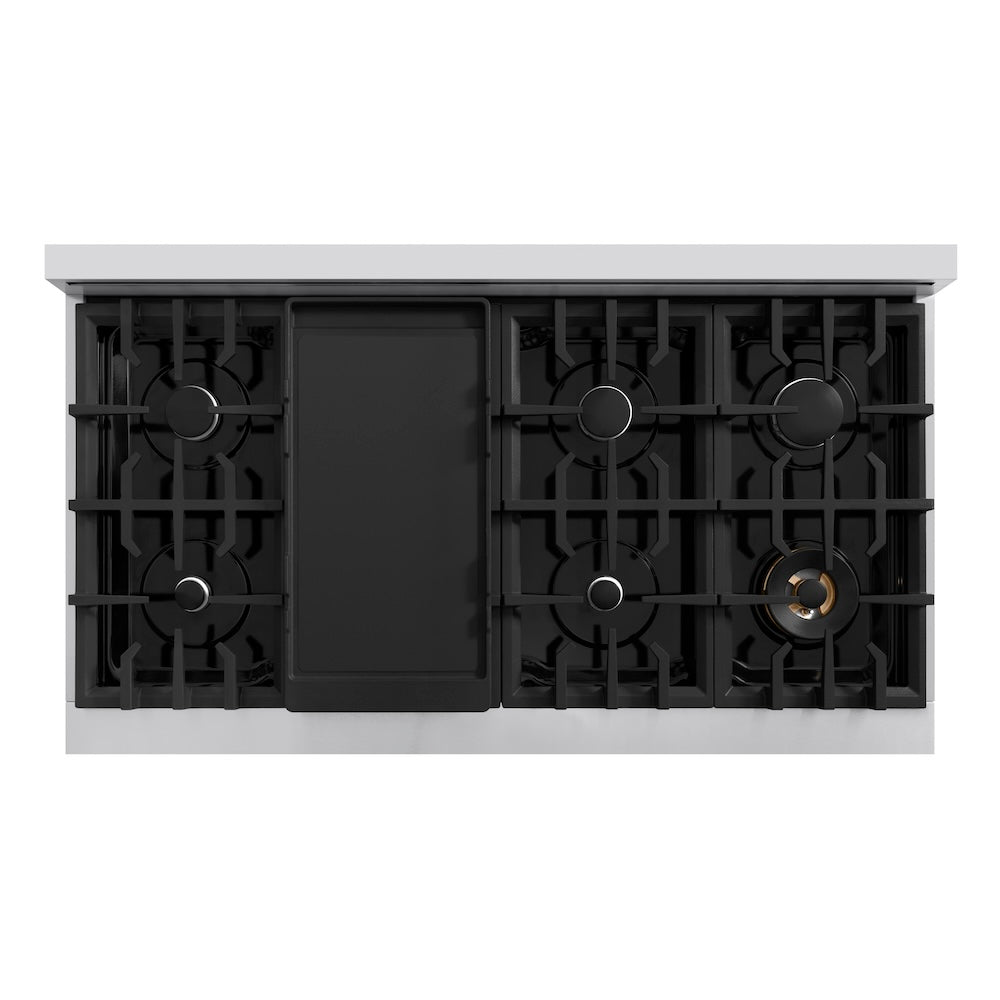 ZLINE 48 in. 6.7 cu. ft. Classic Double Oven Dual Fuel Range with 8 Burner Gas Cooktop in Stainless Steel (CDR48) top-down, above cooktop.
