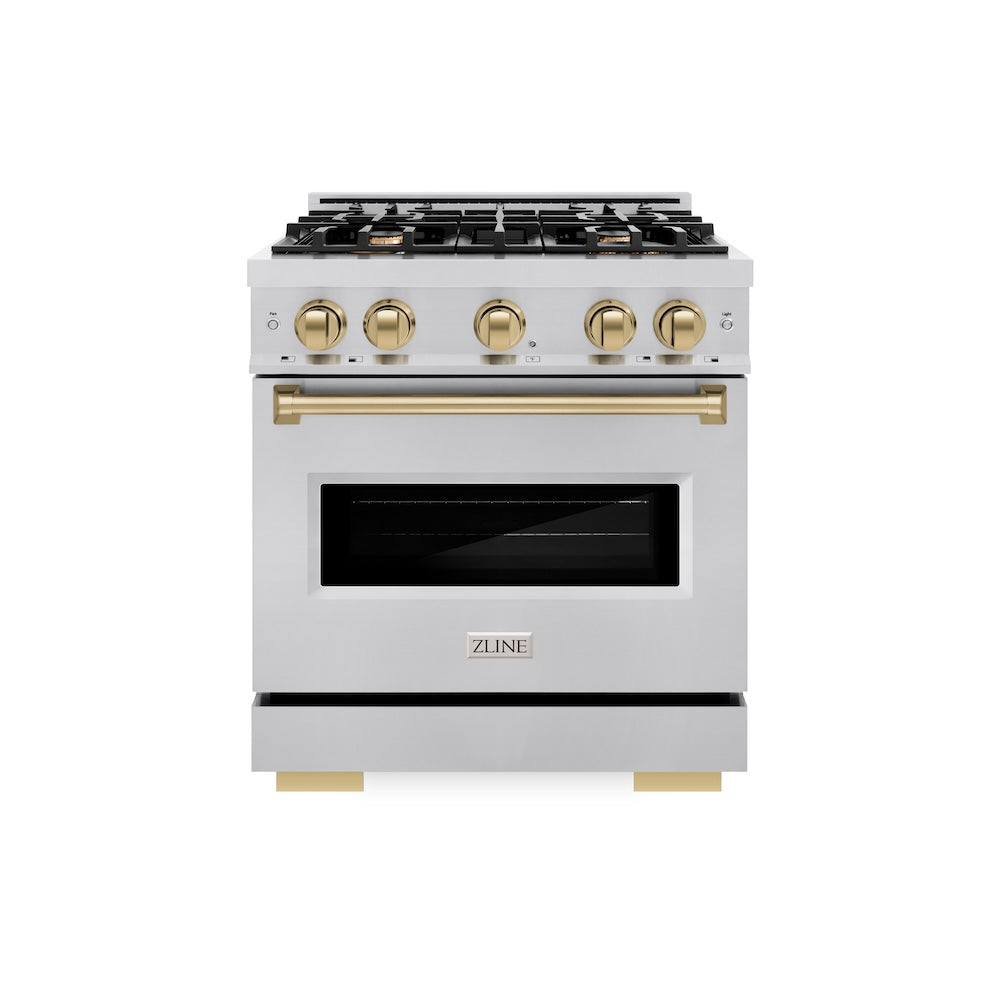 ZLINE Autograph Edition 30 in. 4.2 cu. ft. Classic Dual Fuel Range with 4 Burner Gas Cooktop and Electric Convection Oven in Stainless Steel with Champagne Bronze Accents, Open Box-Great Condition