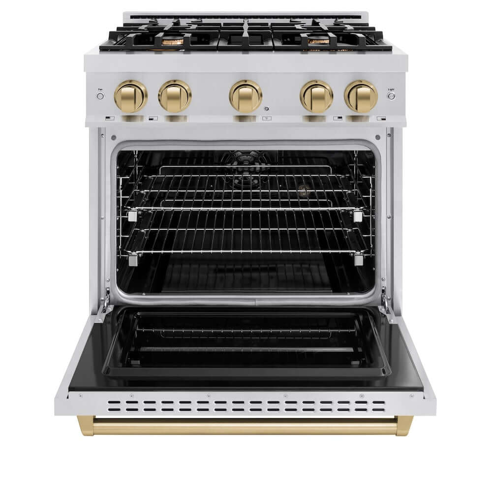 ZLINE Autograph Edition 30 in. 4.2 cu. ft. Classic Dual Fuel Range with 4 Burner Gas Cooktop and Electric Convection Oven in Stainless Steel with Champagne Bronze Accents, Open Box-Good Condition