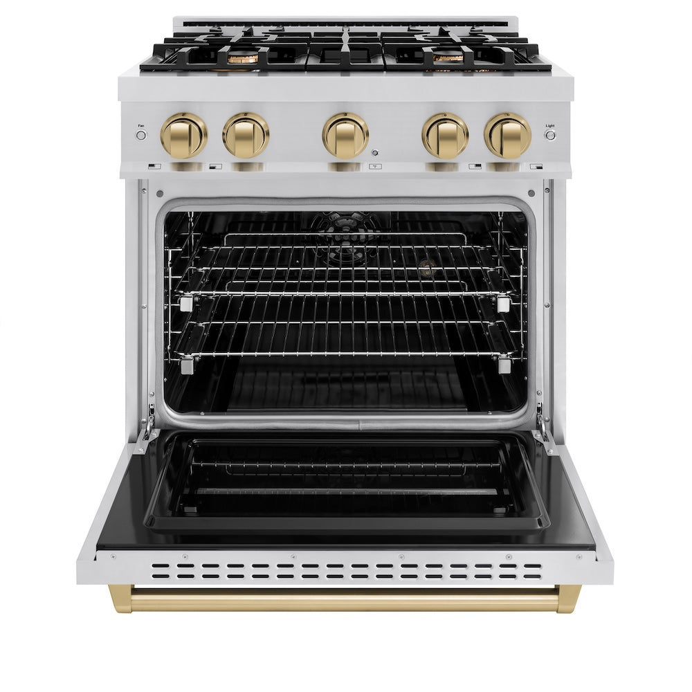 ZLINE Autograph Edition 30 in. 4.2 cu. ft. Classic Dual Fuel Range with 4 Burner Gas Cooktop and Electric Convection Oven in Stainless Steel with Champagne Bronze Accents, Open Box-Great Condition