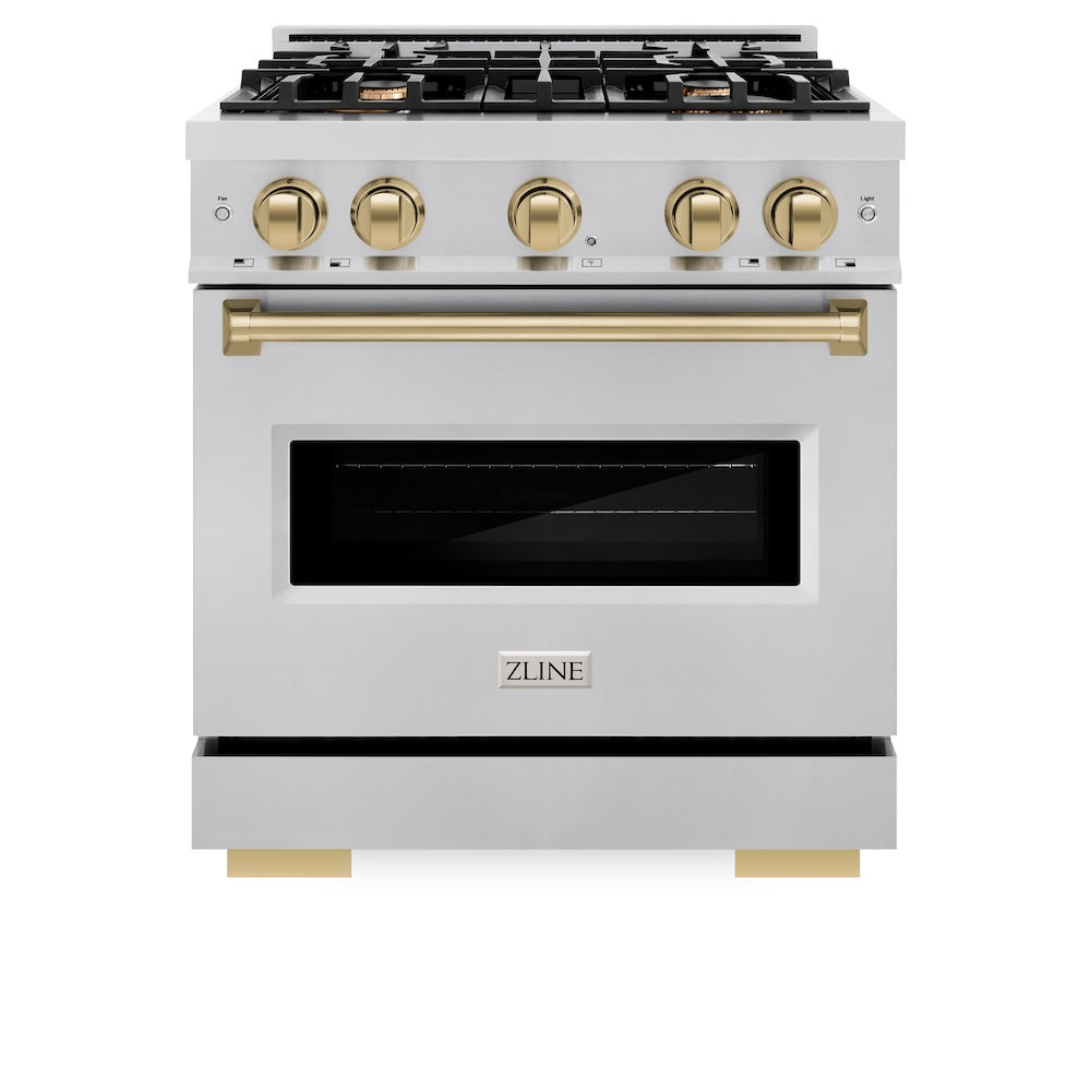 ZLINE Autograph Edition 30 in. 4.2 cu. ft. Classic Dual Fuel Range with 4 Burner Gas Cooktop and Electric Convection Oven in Stainless Steel with Champagne Bronze Accents (CDRZ-30-CB)