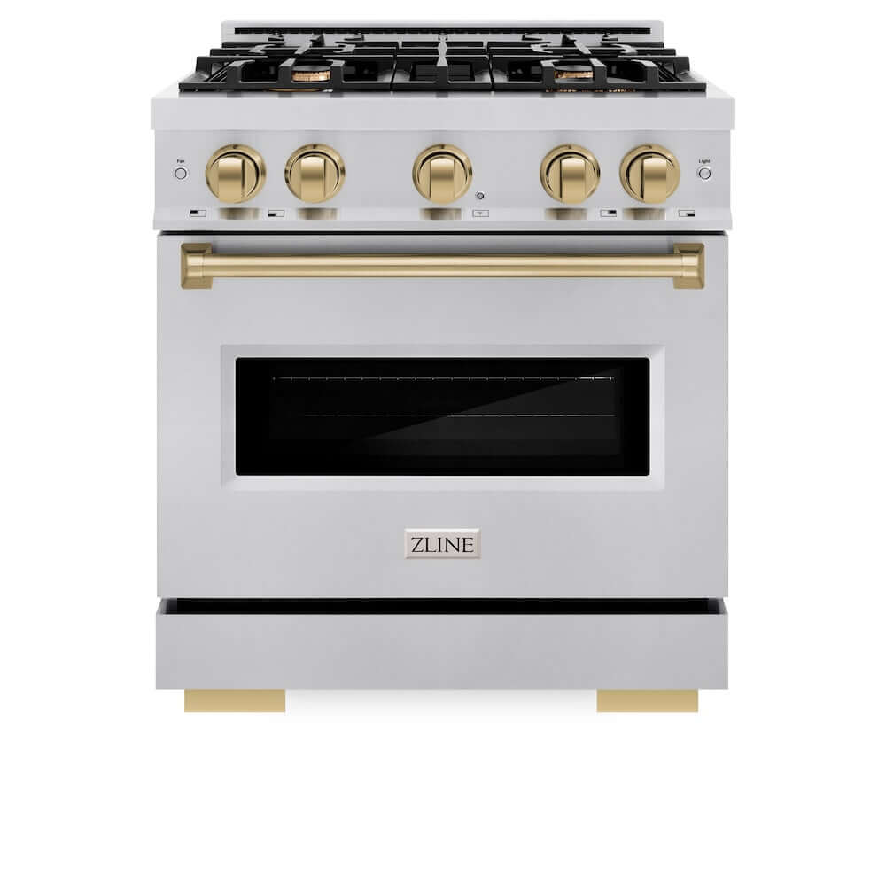 ZLINE Autograph Edition 30 in. 4.2 cu. ft. Classic Dual Fuel Range with 4 Burner Gas Cooktop and Electric Convection Oven in Stainless Steel with Champagne Bronze Accents (CDRZ-30-CB) front, oven closed.