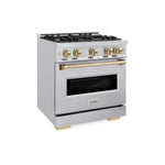 ZLINE Autograph Edition 30 in. 4.2 cu. ft. Classic Dual Fuel Range with 4 Burner Gas Cooktop and Electric Convection Oven in Stainless Steel with Champagne Bronze Accents, Open Box-Good Condition