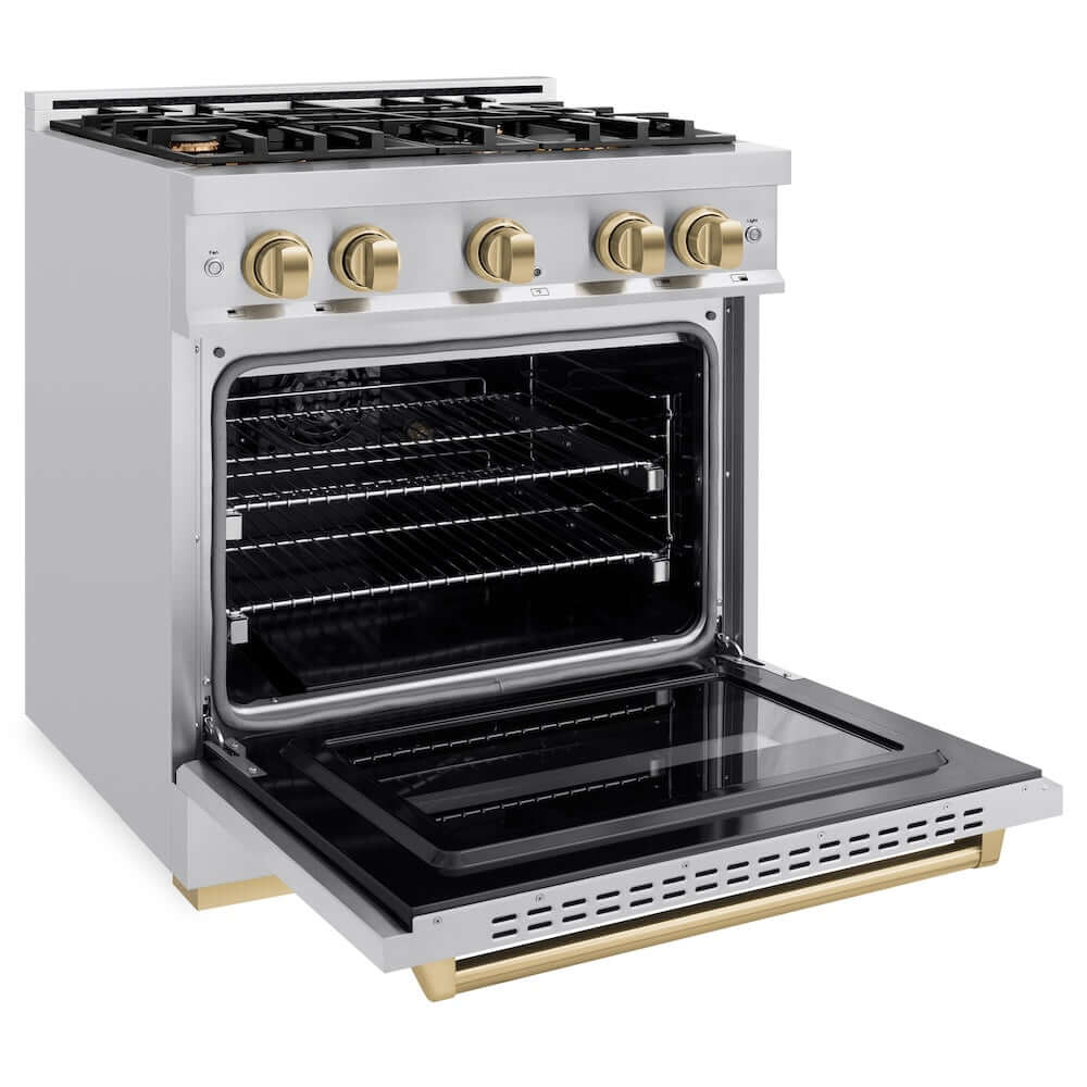 ZLINE Autograph Edition 30 in. 4.2 cu. ft. Classic Dual Fuel Range with 4 Burner Gas Cooktop and Electric Convection Oven in Stainless Steel with Champagne Bronze Accents, Open Box-Good Condition