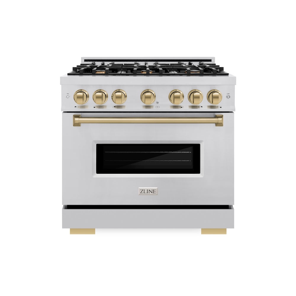 ZLINE Autograph Edition 36 in. 5.2 cu. ft. Classic Dual Fuel Range with 6 Burner Gas Cooktop and Electric Convection Oven in Stainless Steel with Champagne Bronze Accents, Open Box-Great Condition