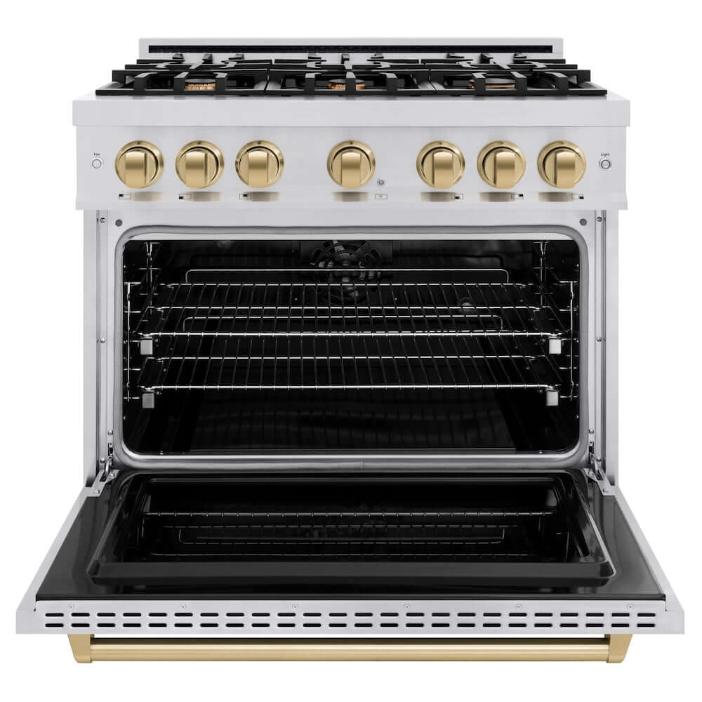 ZLINE Autograph Edition 36 in. 5.2 cu. ft. Classic Dual Fuel Range with 6 Burner Gas Cooktop and Electric Convection Oven in Stainless Steel with Champagne Bronze Accents, Open Box-Good Condition
