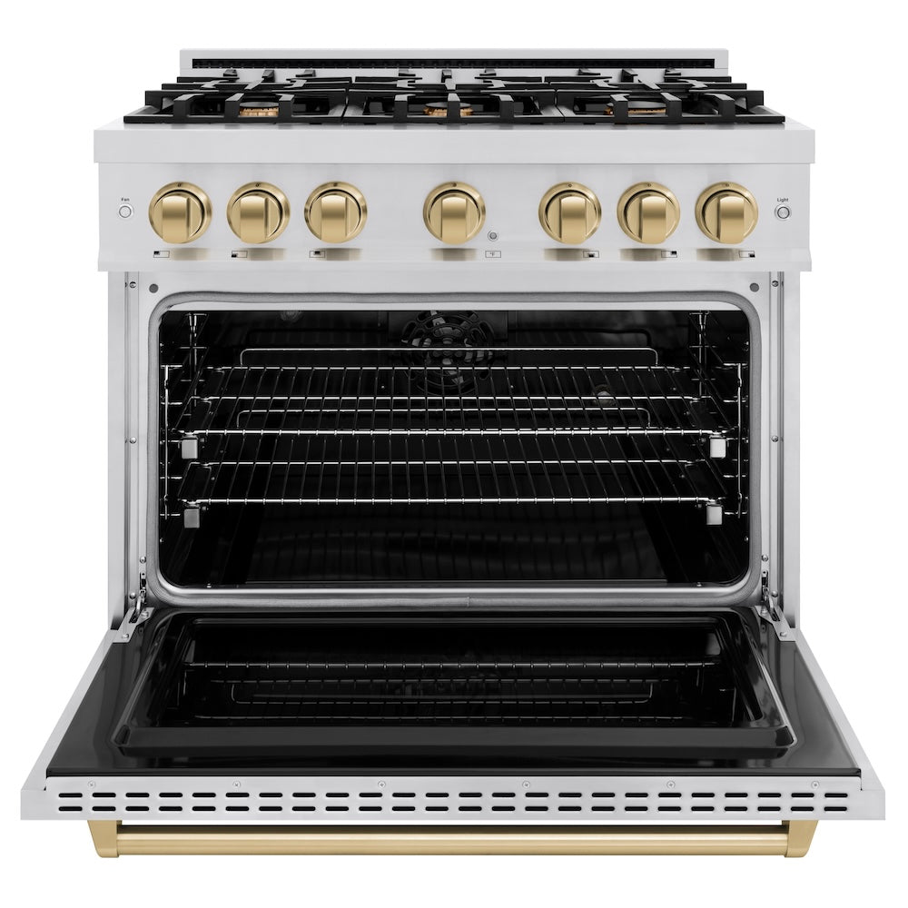 ZLINE Autograph Edition 36 in. 5.2 cu. ft. Classic Dual Fuel Range with 6 Burner Gas Cooktop and Electric Convection Oven in Stainless Steel with Champagne Bronze Accents, Open Box-Great Condition
