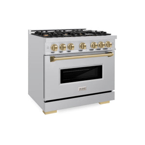 ZLINE Autograph Edition 36 in. 5.2 cu. ft. Classic Dual Fuel Range with 6 Burner Gas Cooktop and Electric Convection Oven in Stainless Steel with Champagne Bronze Accents, Open Box-Great Condition main image.