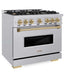 ZLINE Autograph Edition 36 in. 5.2 cu. ft. Classic Dual Fuel Range with 6 Burner Gas Cooktop and Electric Convection Oven in Stainless Steel with Champagne Bronze Accents, Open Box-Good Condition