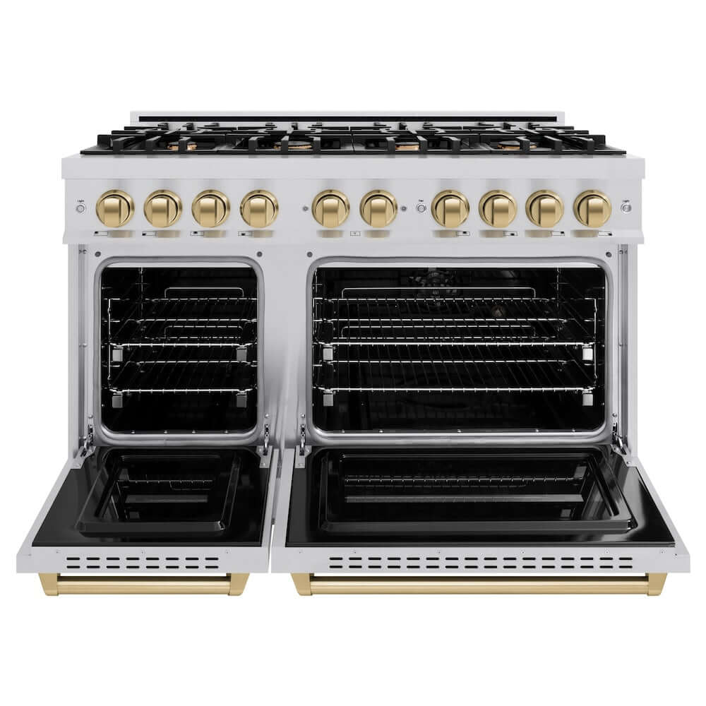ZLINE Autograph Edition 48 in. 6.7 cu. ft. Classic Double Oven Dual Fuel Range with 8 Burner Gas Cooktop in Stainless Steel and Champagne Bronze Accents (CDRZ-48-CB) front, oven open.